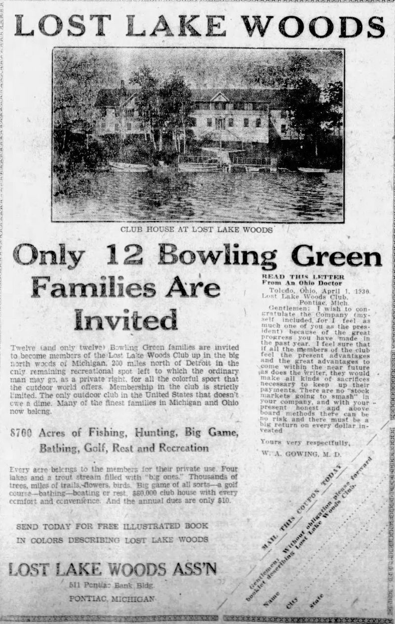 Lost Lake Woods Club - Aug 1930 Ad